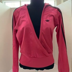 Adidas women’s size S open front hot pink jacket with hood and 3 black stripes